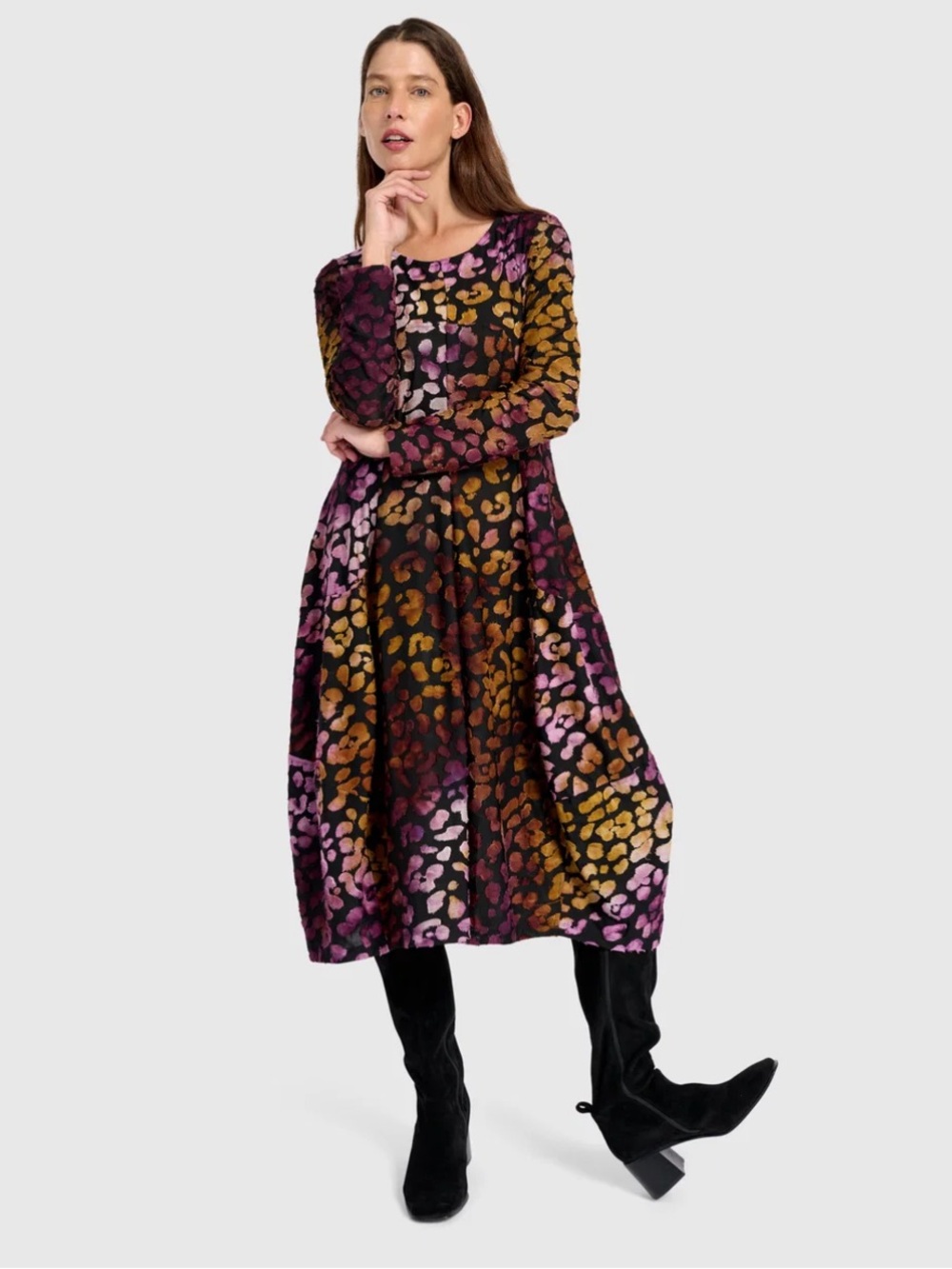 Alembika Pounce Crew Cocoon Midi Dress Bloom Leopard Size 7 US 18-20